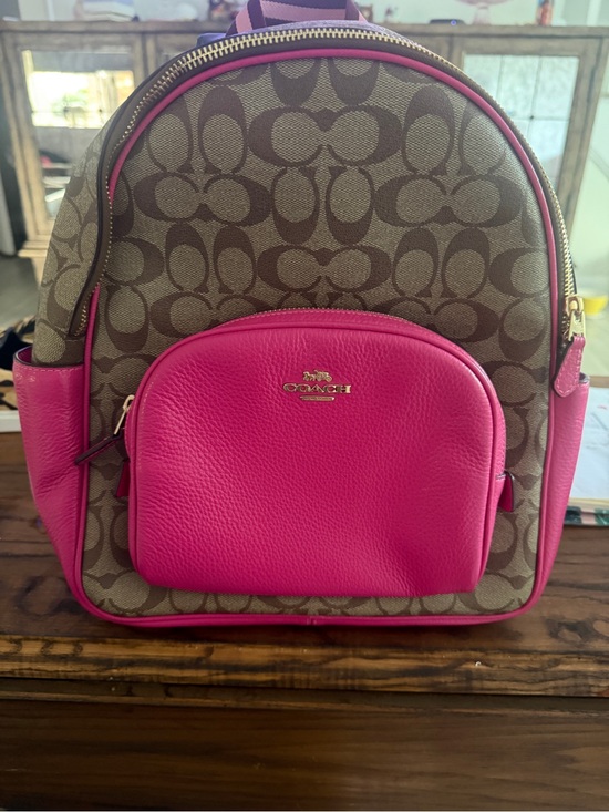 Coach Handbags - Coach Brown Signature Canvas Backpack with Hot Pink Leather Trim